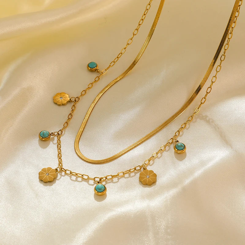 Green Stone Multilayer Pendant Necklace