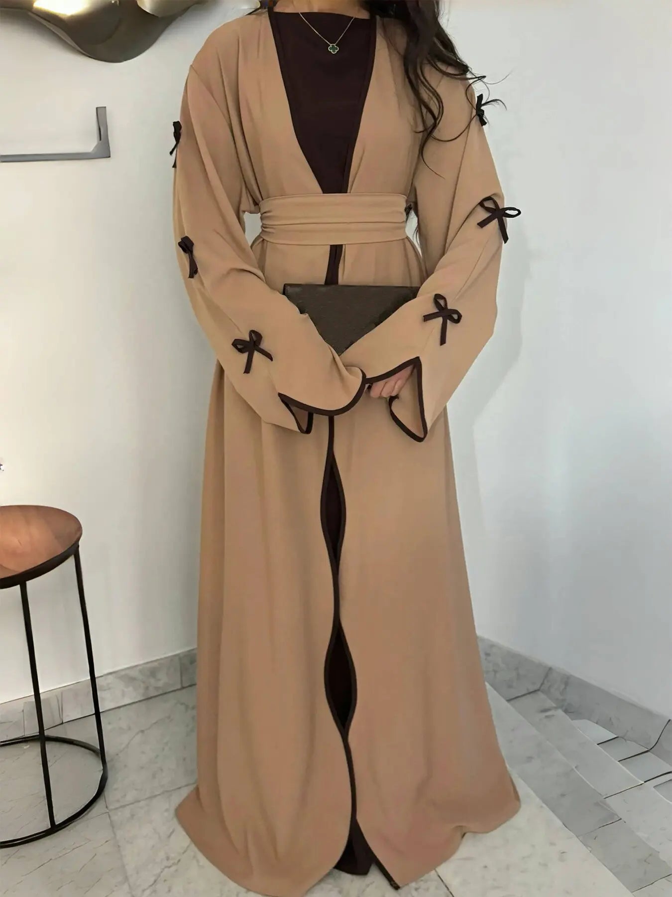 Bow Lace-Up Floral Kaftan Abaya Dress