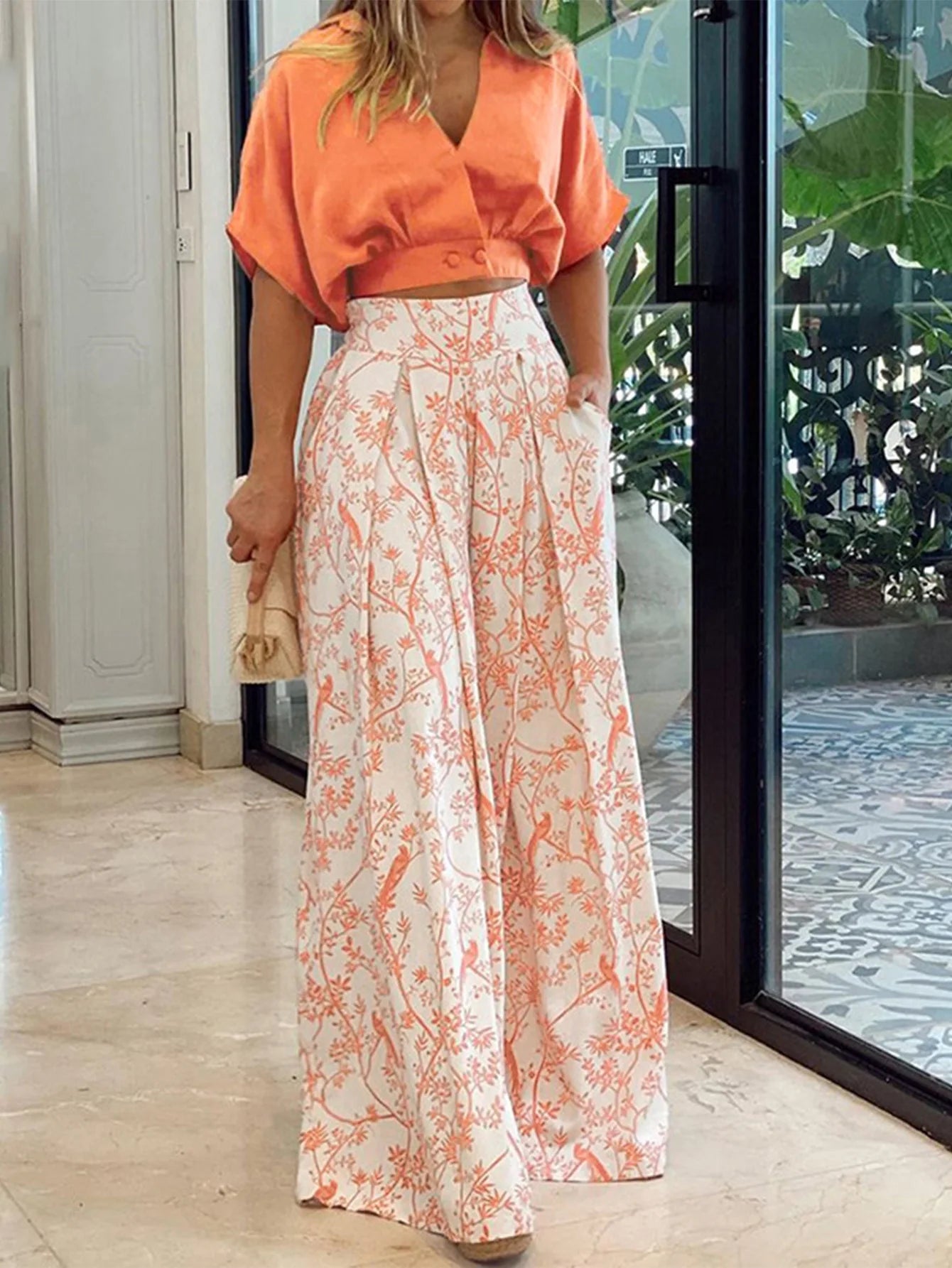 Floral Print V-Neck Top & Wide Leg Pants Set