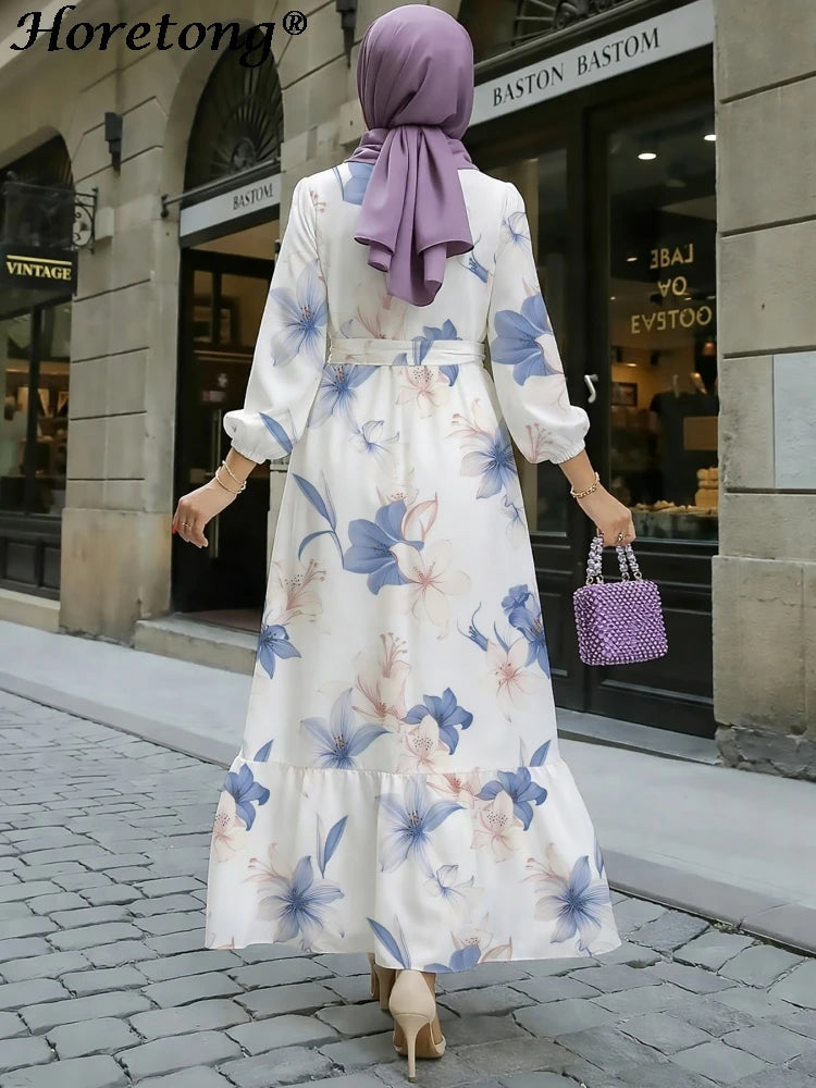Floral Print Round Neck Ruffle Hem Modest Maxi Dress