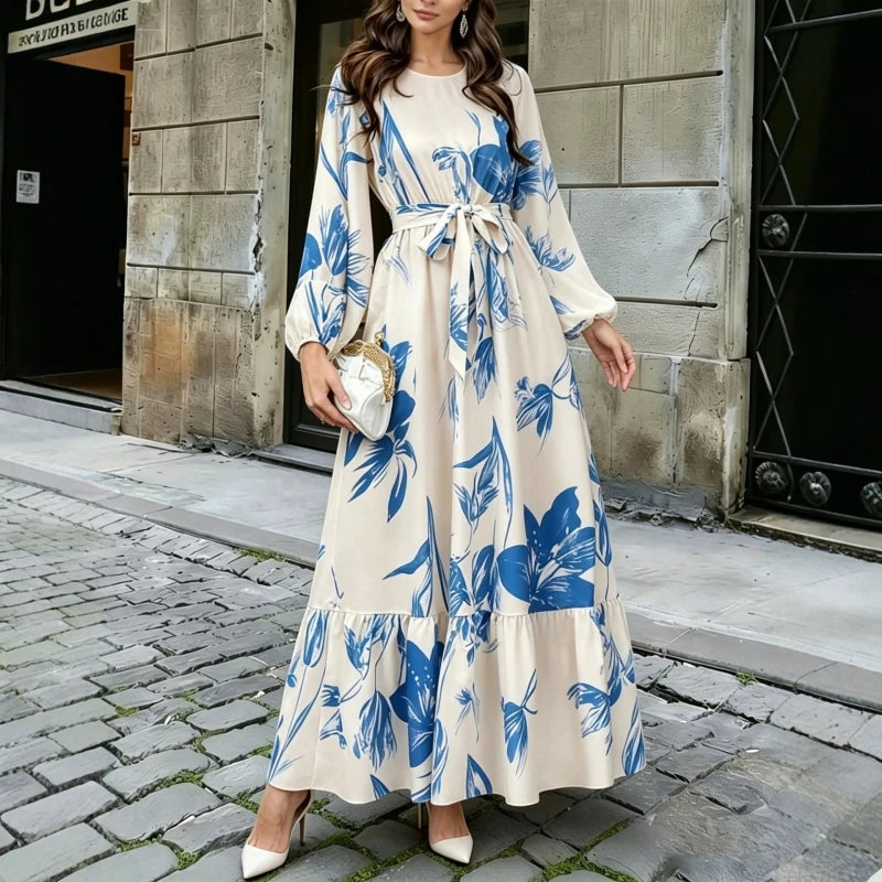 Floral Print Round Neck Ruffle Hem Modest Maxi Dress