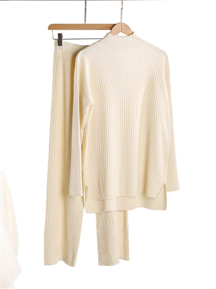 Women's Knit 2-Piece Set – High-Waist Wide-Leg Pants