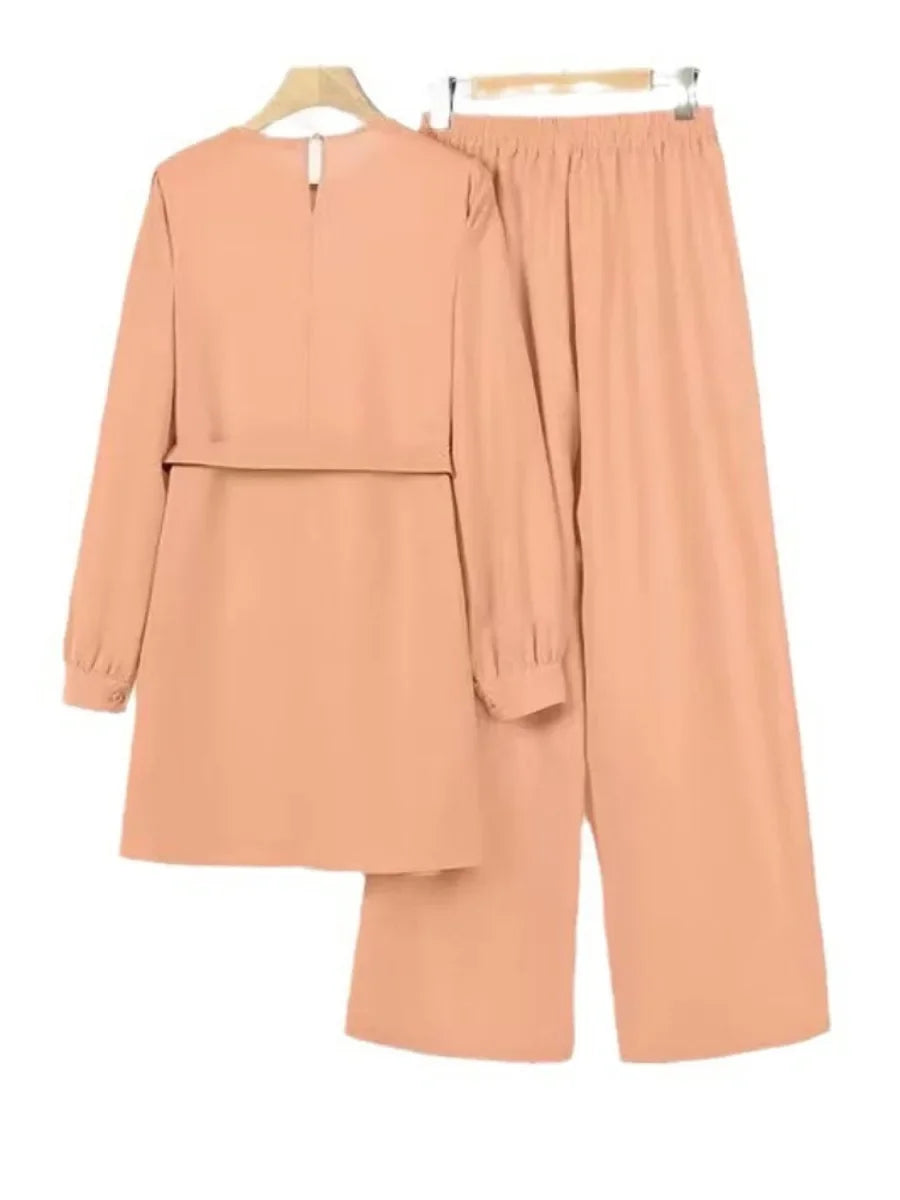 Lace-Up Blouse & Wide Leg Pants Abaya Set