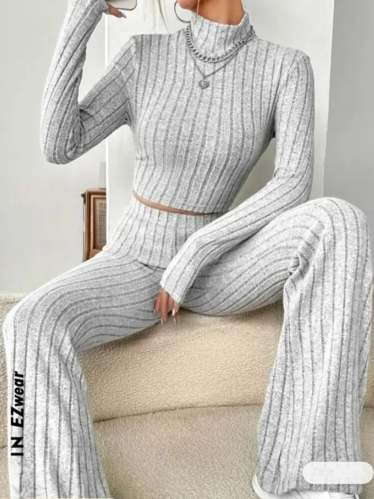 Stand Collar Crop Top & Flared Pants Set