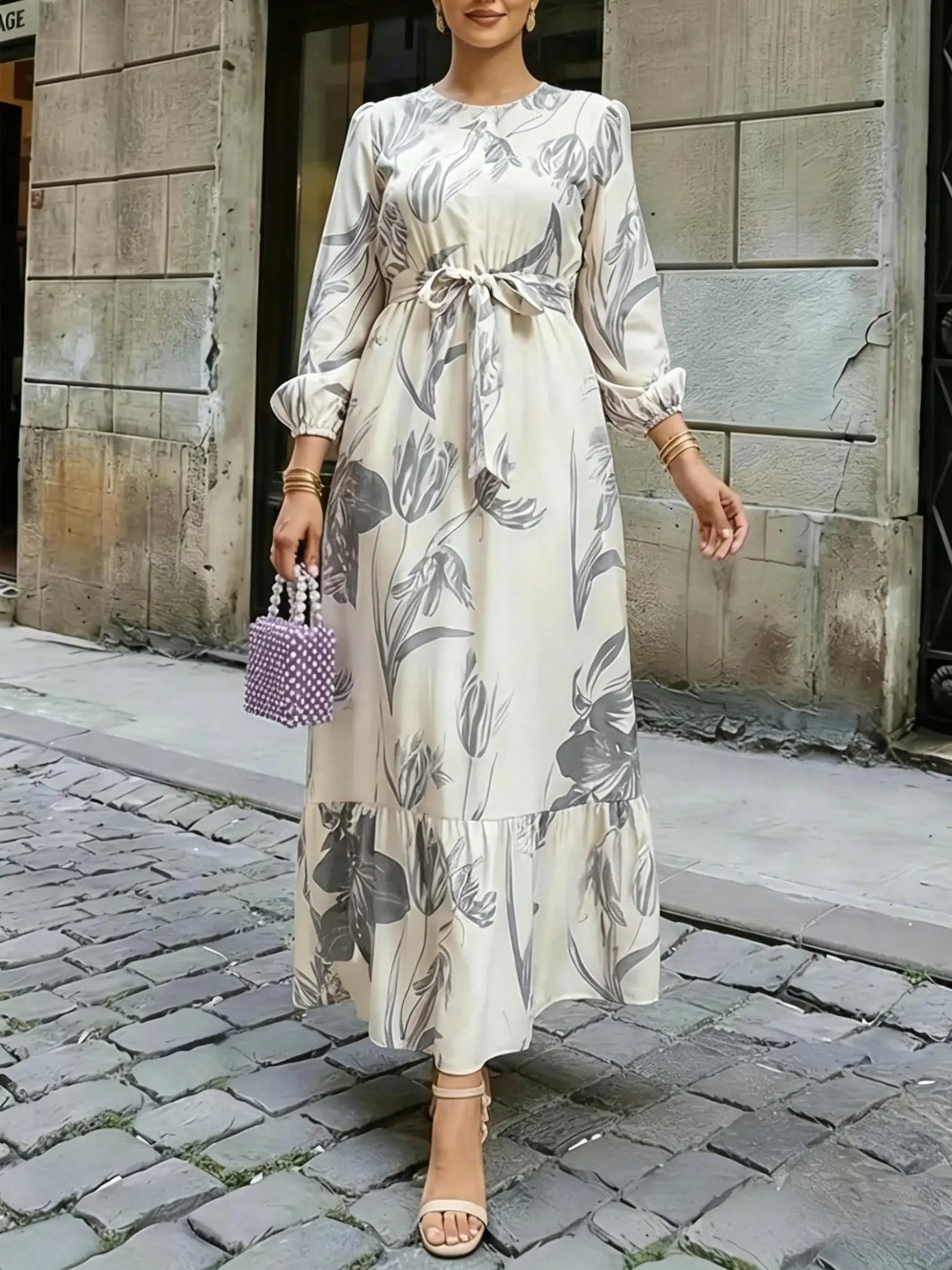 Floral Lantern Sleeve Long-Sleeve Maxi Dress