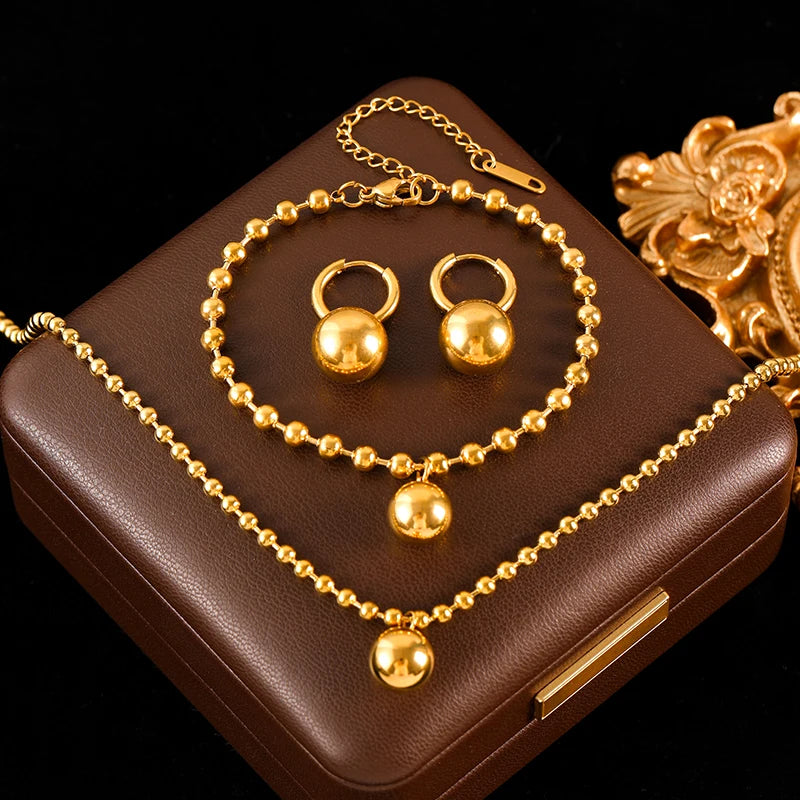 Gold Bead Ball Necklace Bracelet & Earrings Set