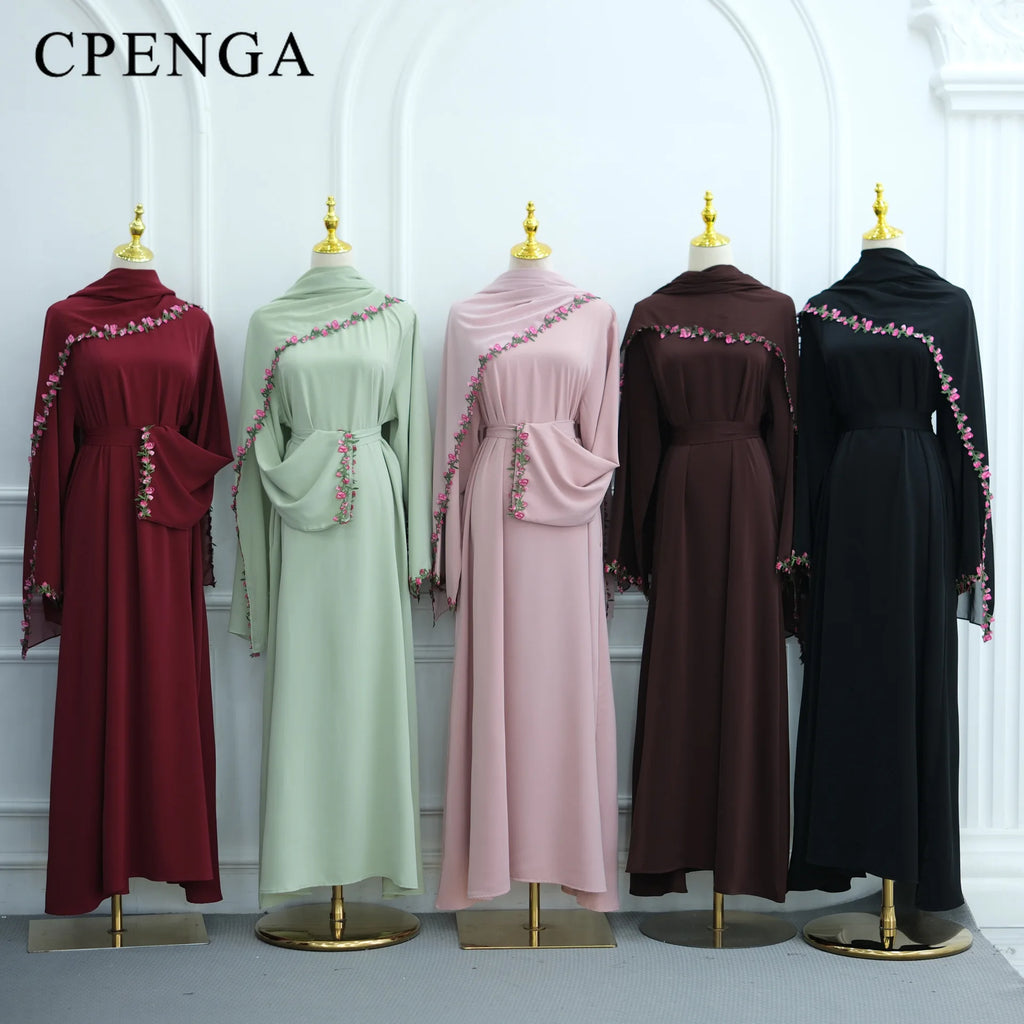 Rose Floral Trim Dubai Abaya with Hijab