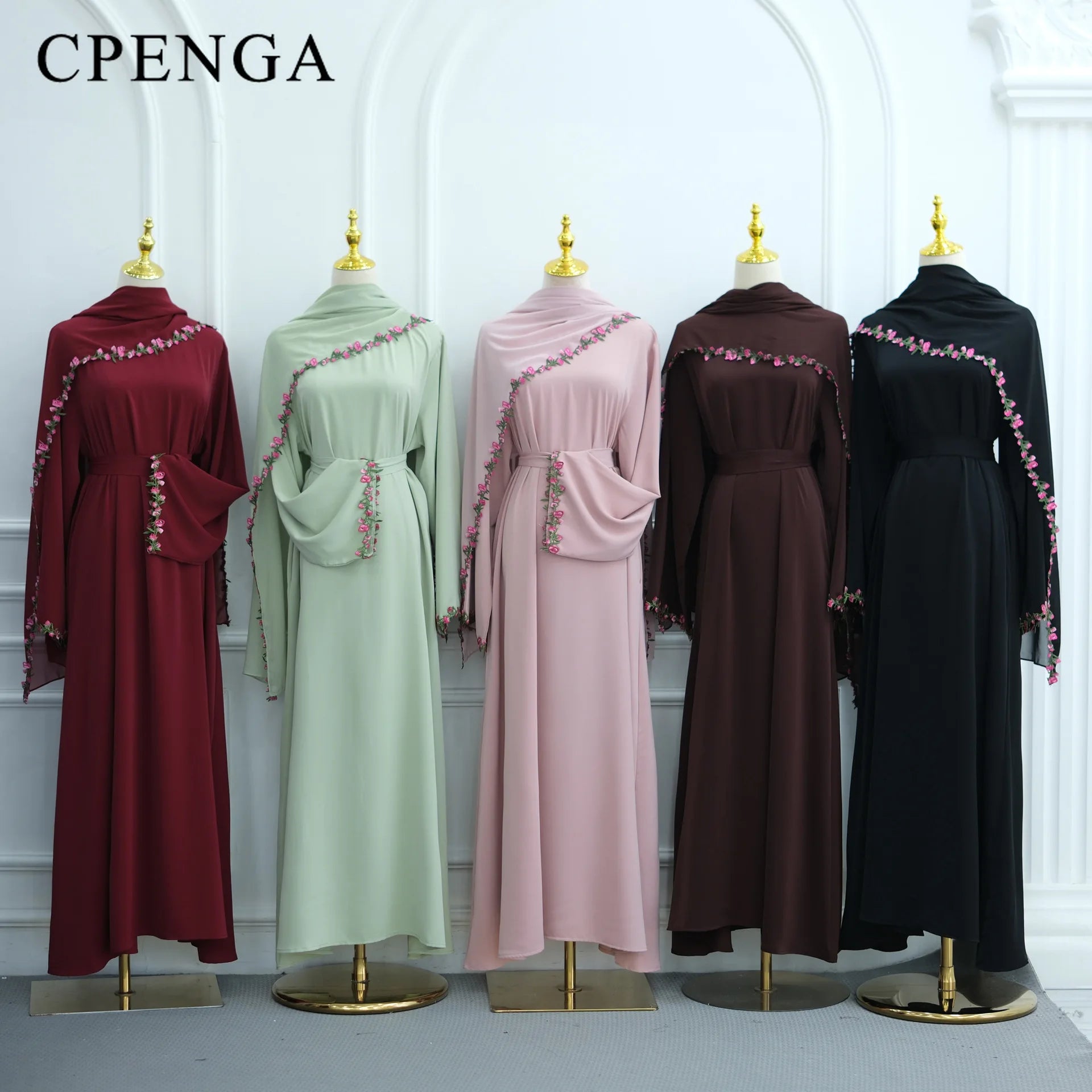 Rose Floral Trim Dubai Abaya with Hijab
