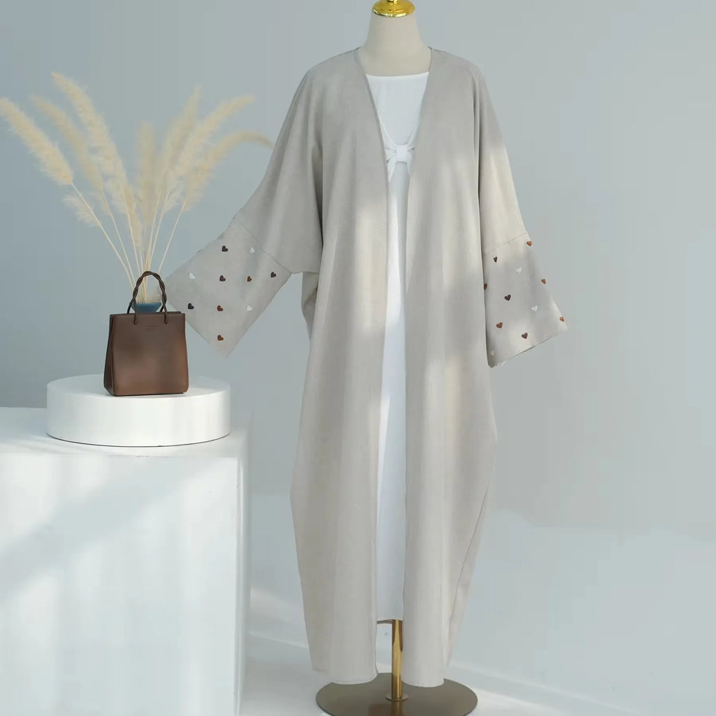 Heart Embroidery Batwing Sleeve Linen Kimono Abaya