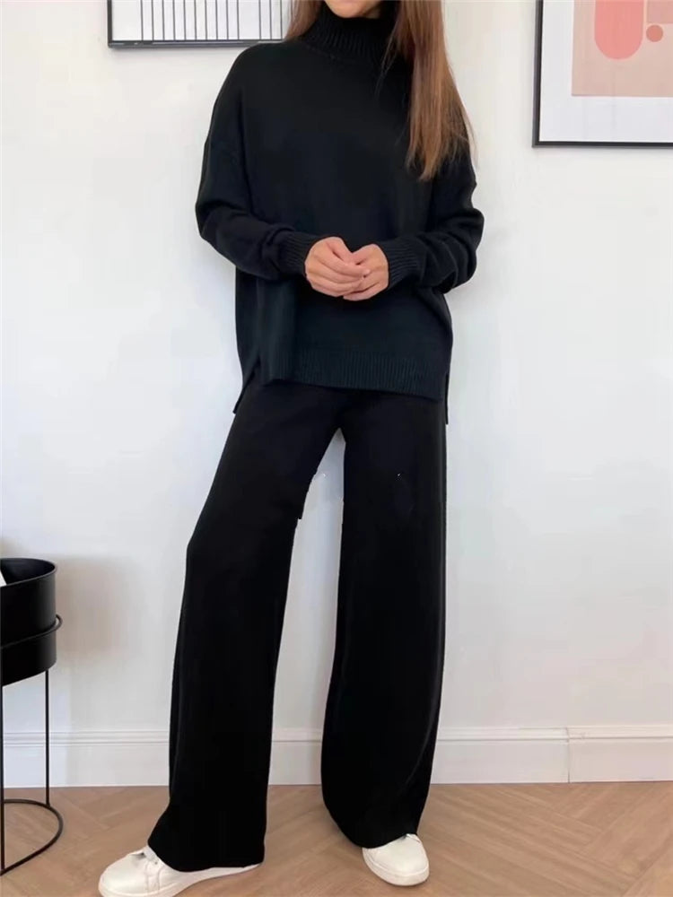 Women's Knit 2-Piece Set – High-Waist Wide-Leg Pants