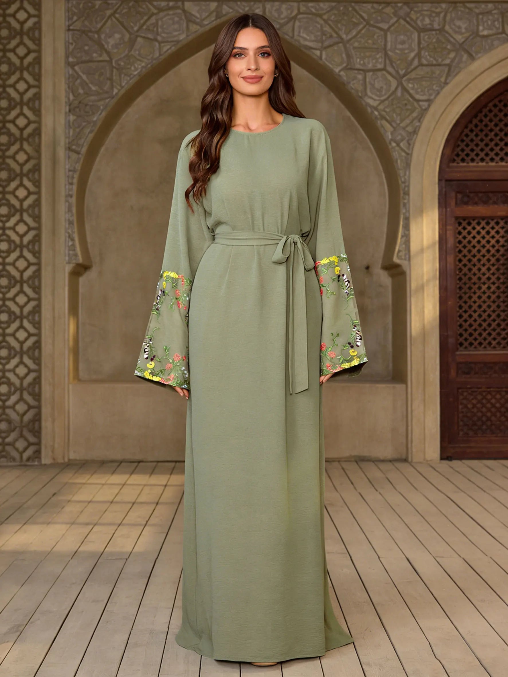 Olive Green Floral Sleeve Embroidered Abaya