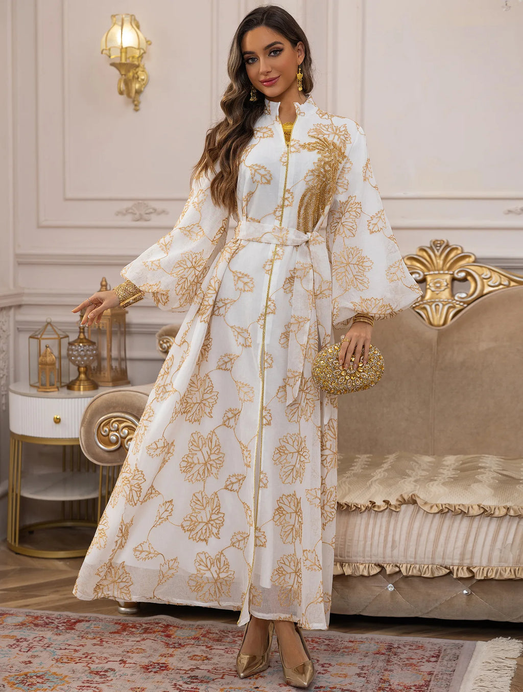 White Gold Floral Embroidered Belted Abaya