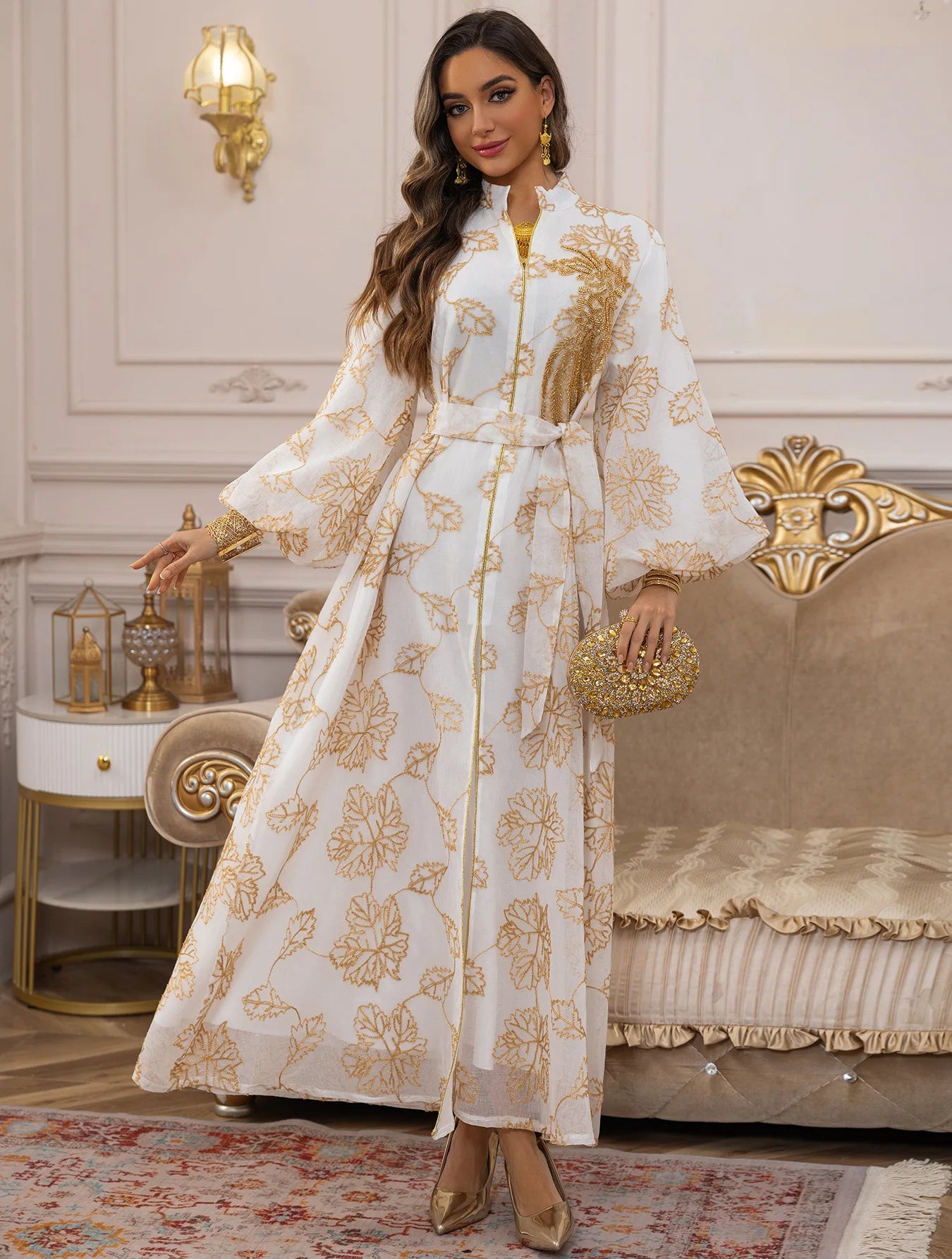 White Gold Floral Embroidered Belted Abaya