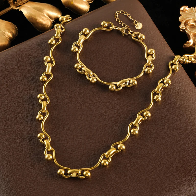 Gold Beads Chain Necklace & Bracelet Set