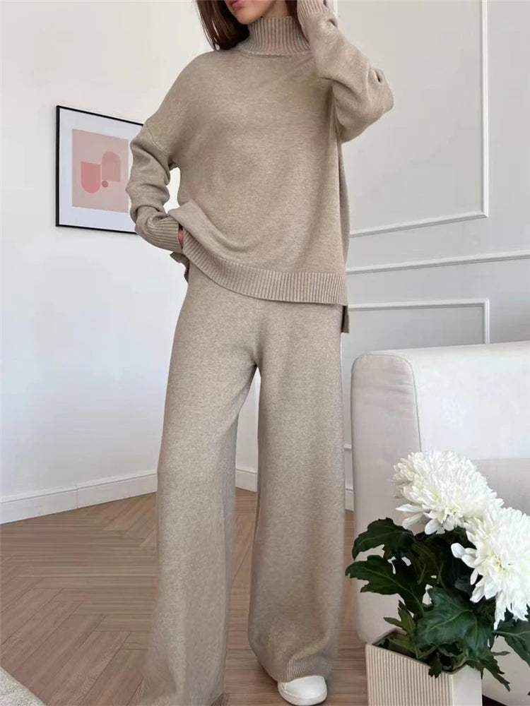Women's Knit 2-Piece Set – High-Waist Wide-Leg Pants
