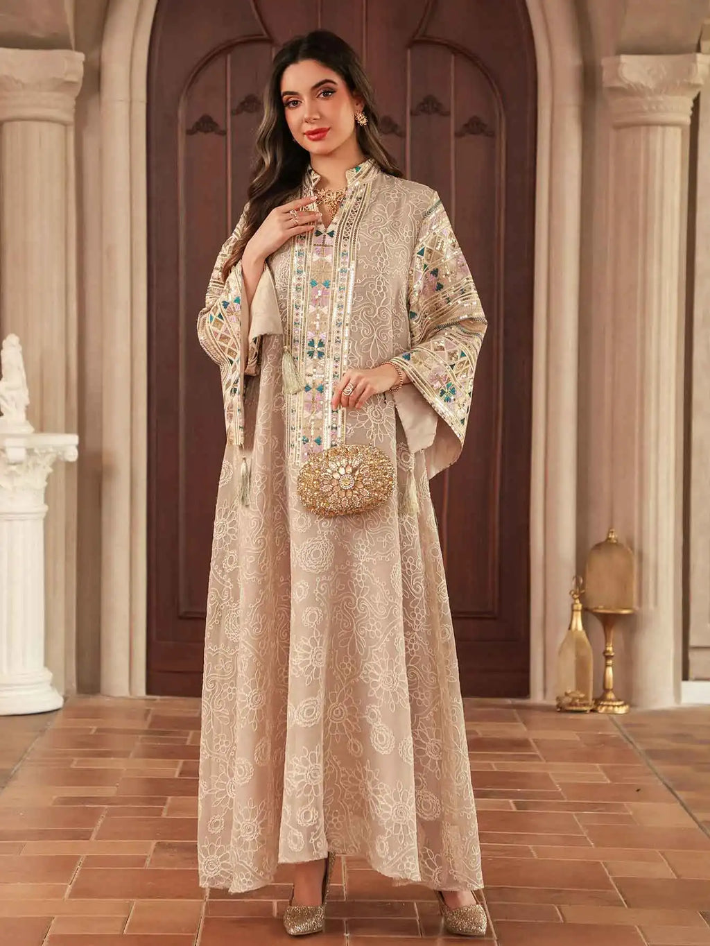 Multicolour Embroidered Sequin Beige Abaya