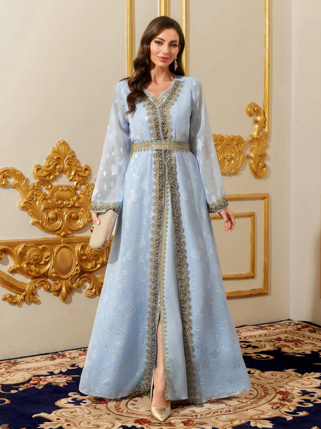 Moroccan Floral Kaftan Abaya with Belt