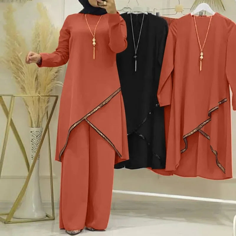 Women Muslim Wide Leg Pants Sets Fashion Sequins Islamic Clothing Loose Matching Sets Tracksuit Long Sleeve Blouse Abaya Suits