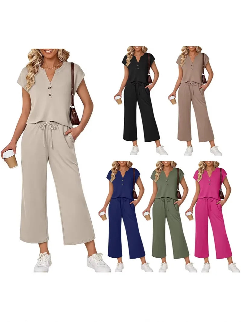 V-Neck T-Shirt & Wide Leg Capri Pants Set