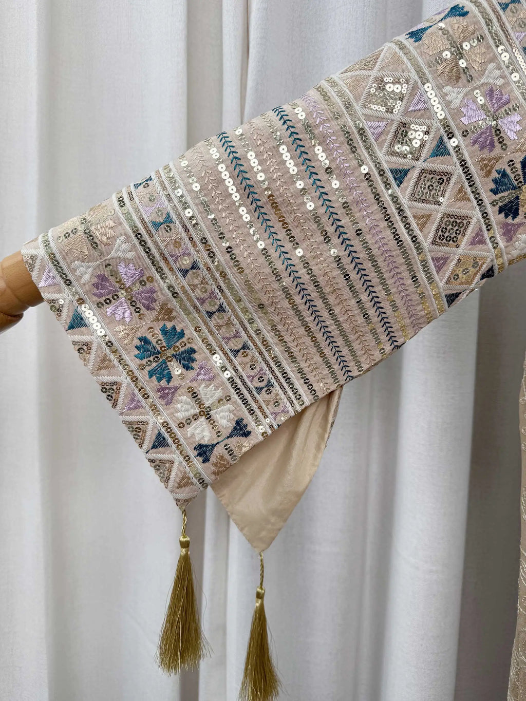 Multicolour Embroidered Sequin Beige Abaya