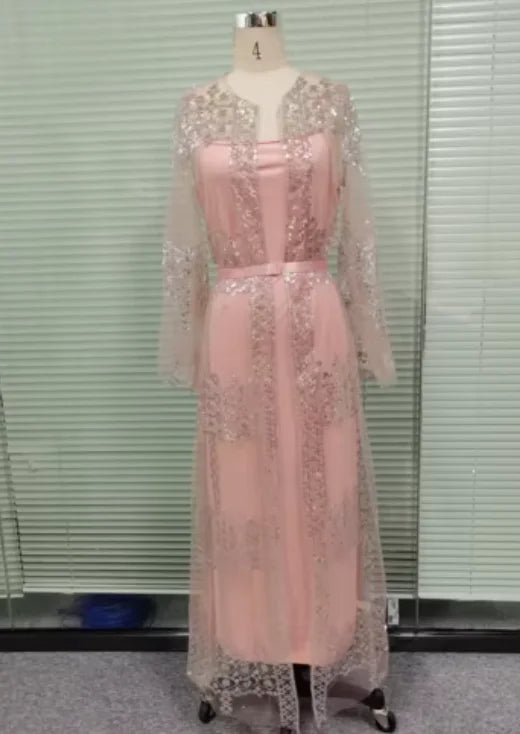 Luxury Embroidery Lace Sequin Abaya Two-Piece Set
