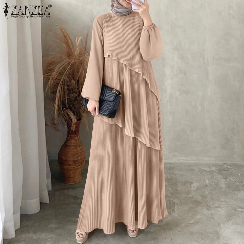 Layered Plissé Lantern Sleeve Abaya Maxi Dress