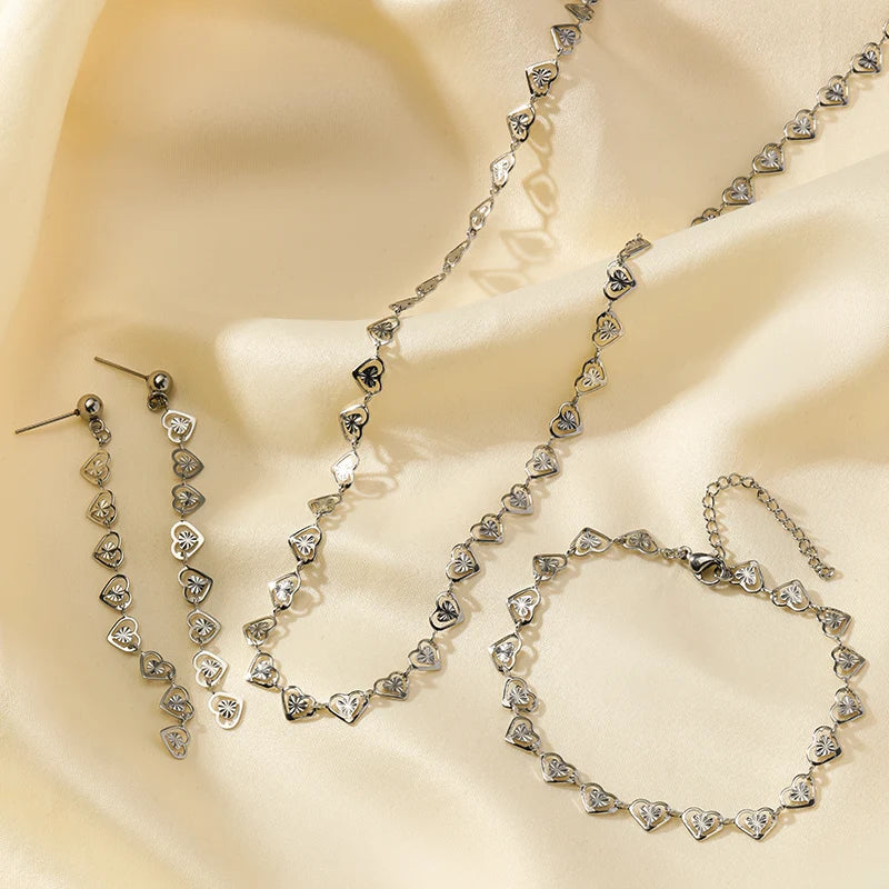 Gold Heart Necklace Bracelet & Earrings Set