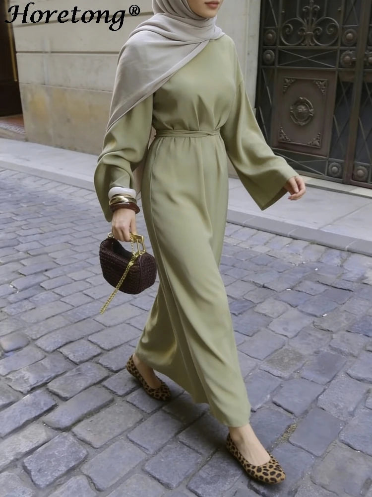 Belted Flare Sleeve Modest Abaya Maxi Robe