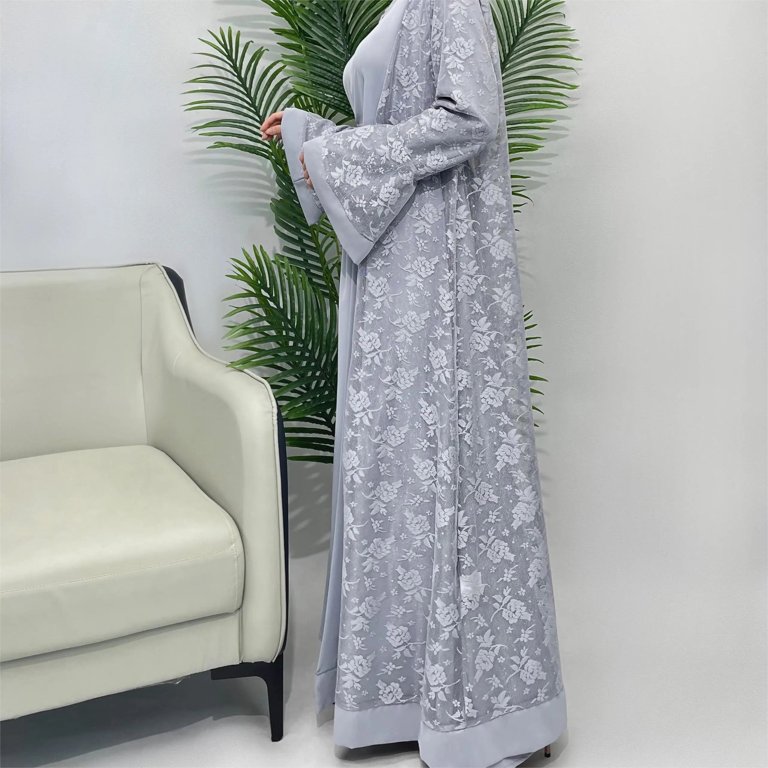 Lace Abaya Two-Piece Inner Dress & Cardigan Set