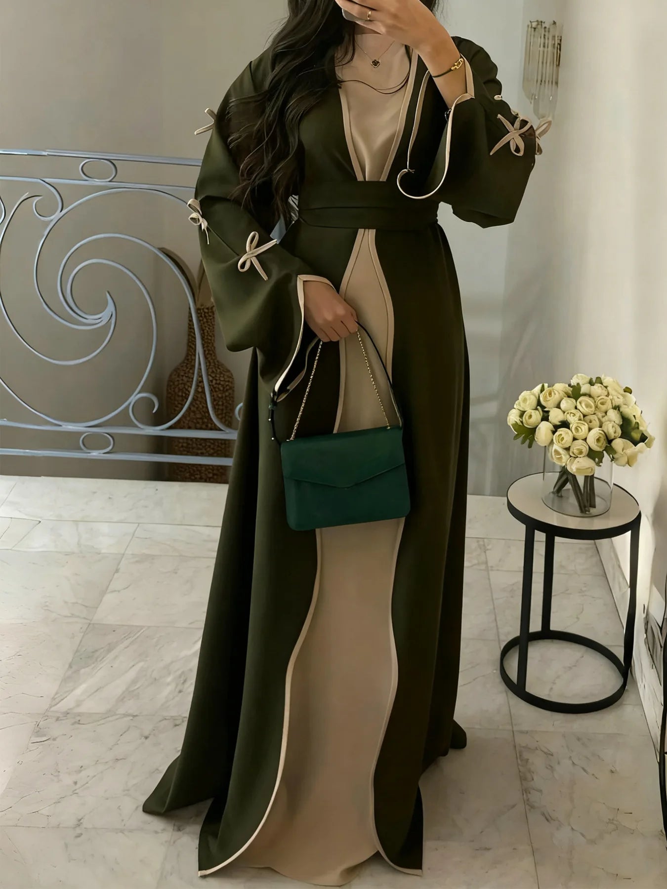 Bow Lace-Up Floral Kaftan Abaya Dress