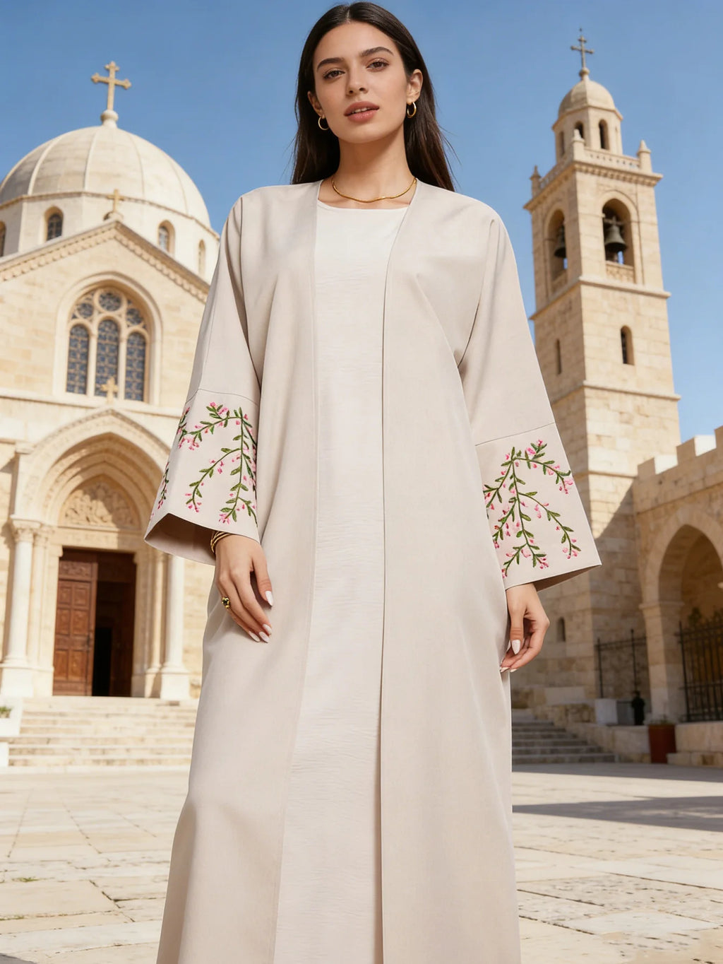 Floral Embroidery Linen Kimono Abaya
