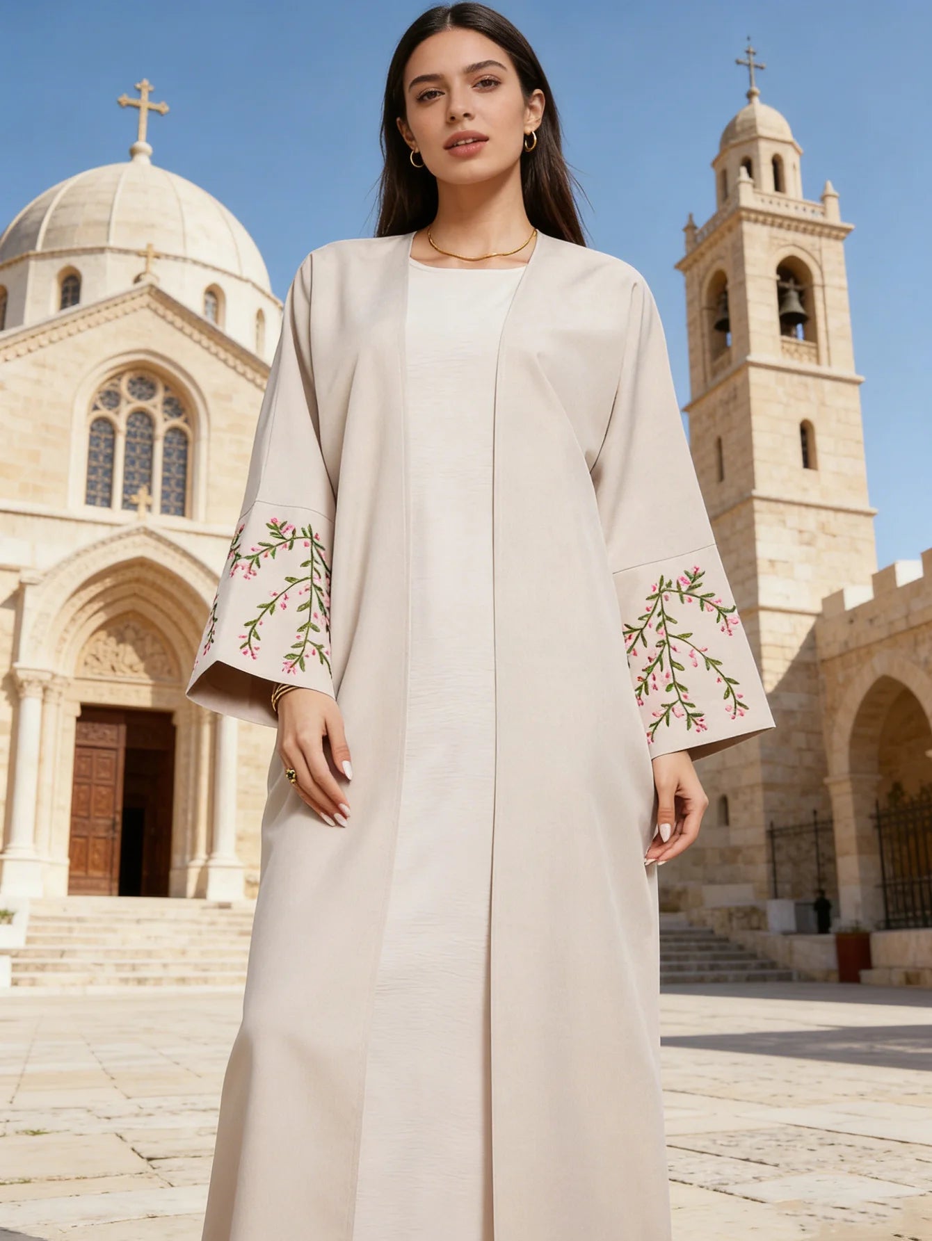 Floral Embroidery Linen Kimono Abaya