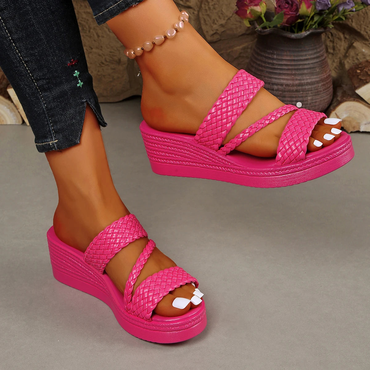 Women Wedges Sandals 2026 New Summer Women Slip on High-heeled Fashion Woman Shoes Comfortable Flower Outdoor Platform Sandals