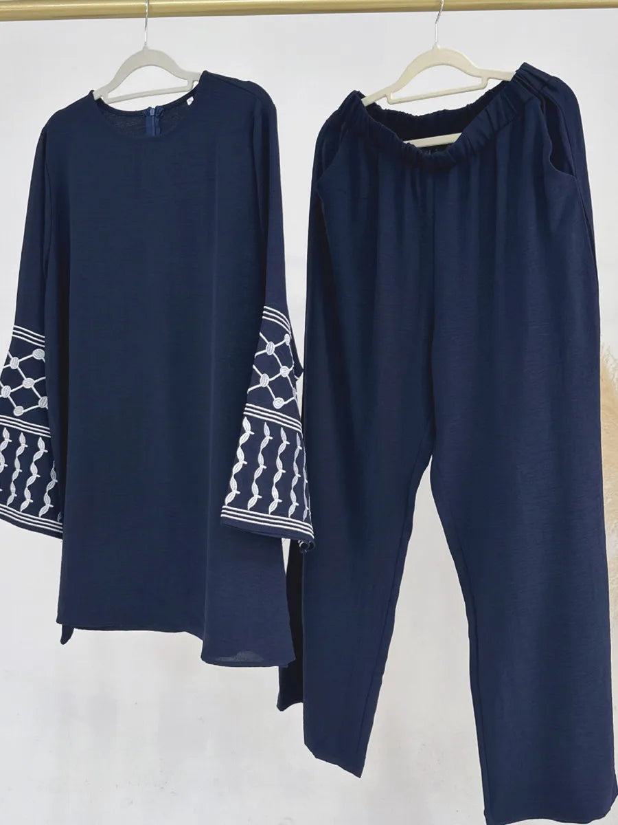 Muslim Abayas For Women Middle East Turkish Embroidery Top Plus Wide-Leg Long Pants Two-Piece Set Ramadan Islam Clothing Set