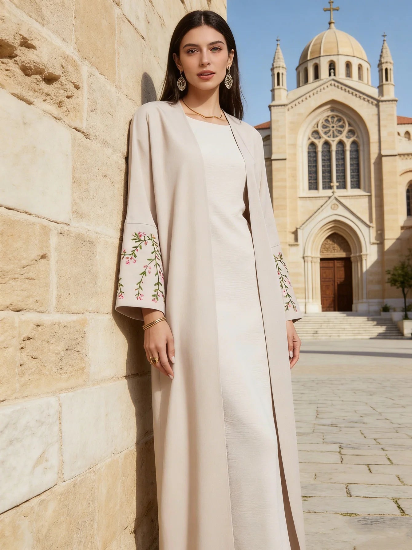 Floral Embroidery Linen Kimono Abaya
