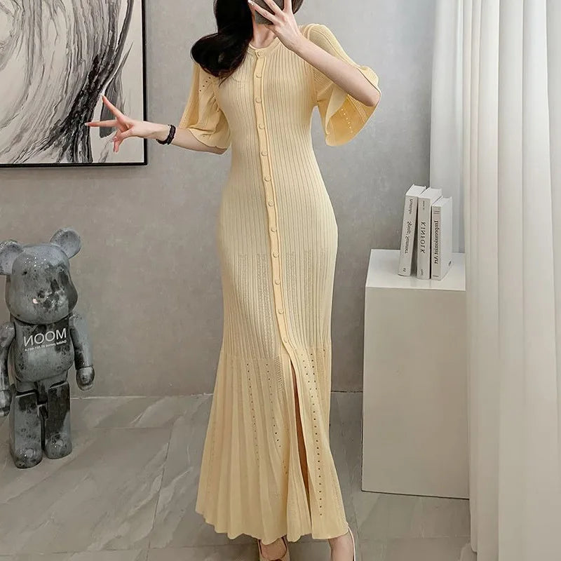 Button-Front Cotton Knit Midi Dress