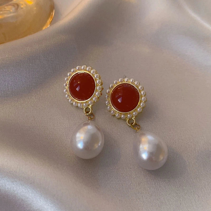 Wine Red Pearl Flower Stud Earrings