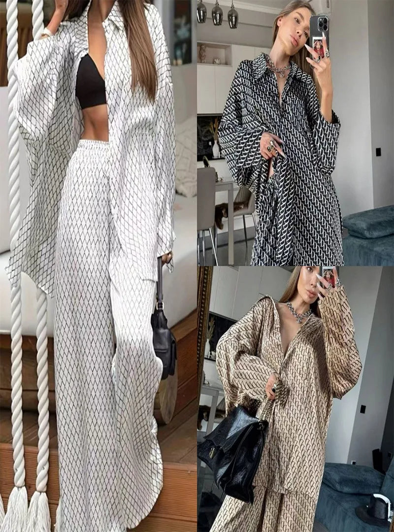 Geometric Print Shirt & Wide Leg Pants Set