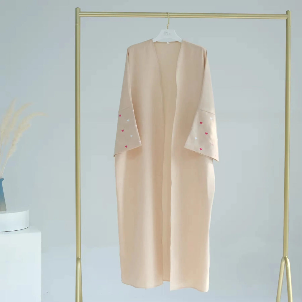 Heart Embroidery Batwing Sleeve Linen Kimono Abaya