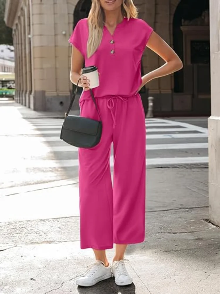 V-Neck T-Shirt & Wide Leg Capri Pants Set