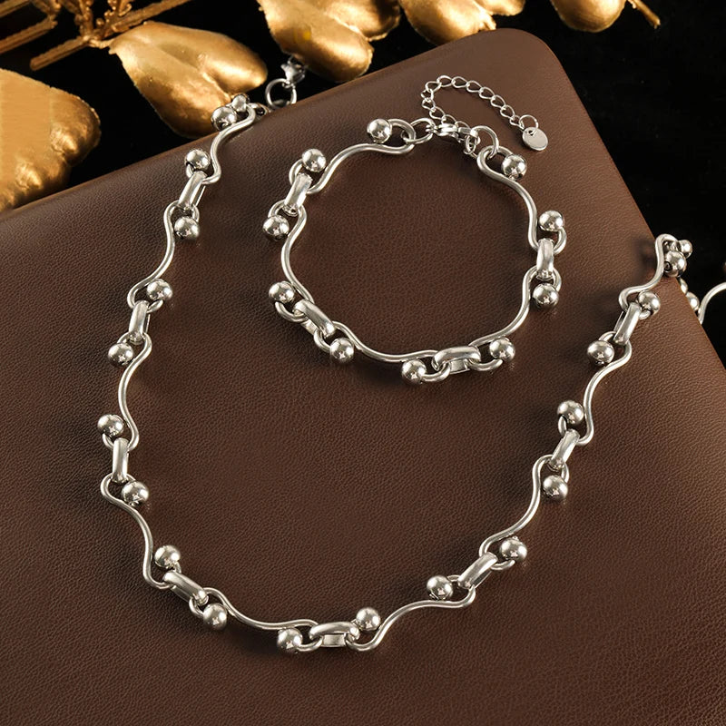 Gold Beads Chain Necklace & Bracelet Set