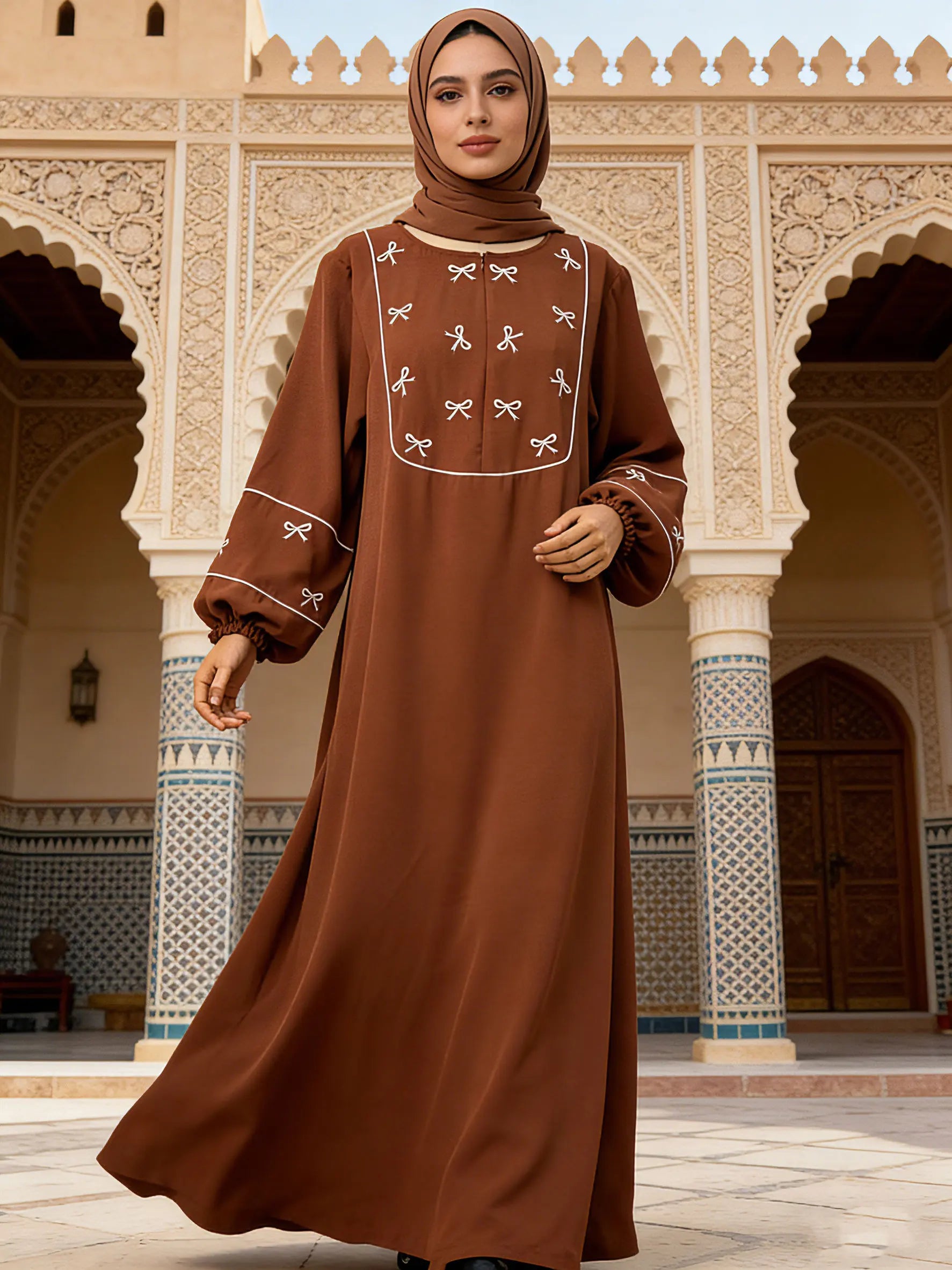 Black Abaya with White Bow Embroidery
