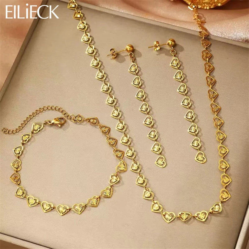 Gold Heart Necklace Bracelet & Earrings Set