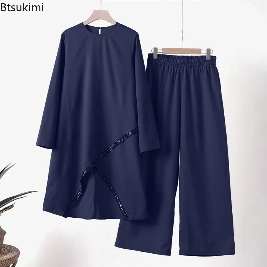 Women Muslim Wide Leg Pants Sets Fashion Sequins Islamic Clothing Loose Matching Sets Tracksuit Long Sleeve Blouse Abaya Suits