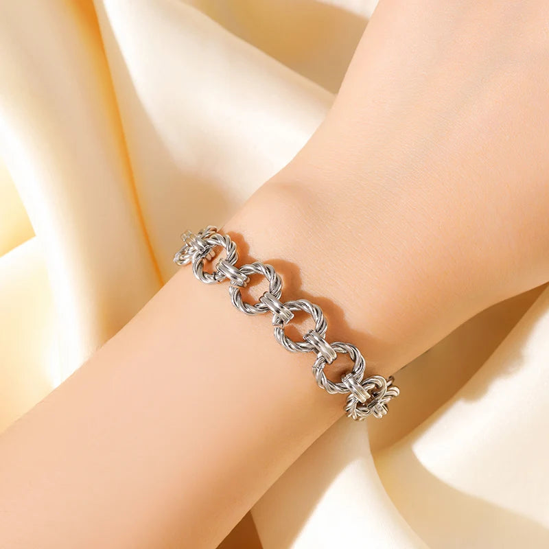 Silver Metal Texture Wrist Chain Bangle Bracelet