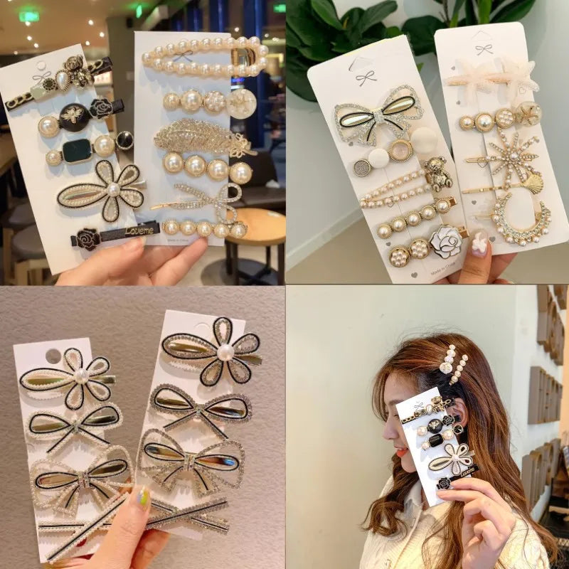 Handmade Pearl & Rhinestone Flower Hair Clips Set