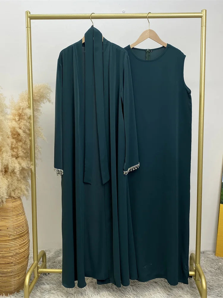 Crystal Chain Nida Black Abaya Evening Dress Set
