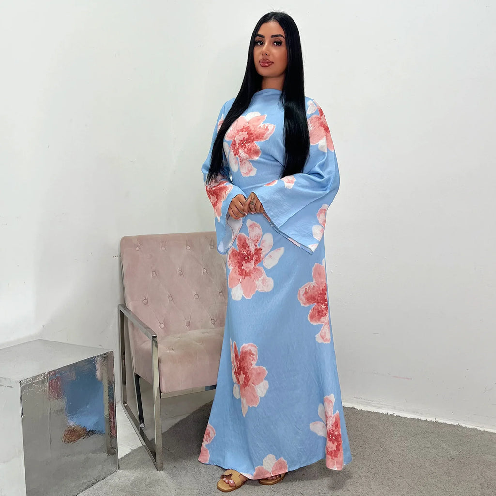 Arabesque Bell Sleeve Floral Print Maxi Abaya Dress