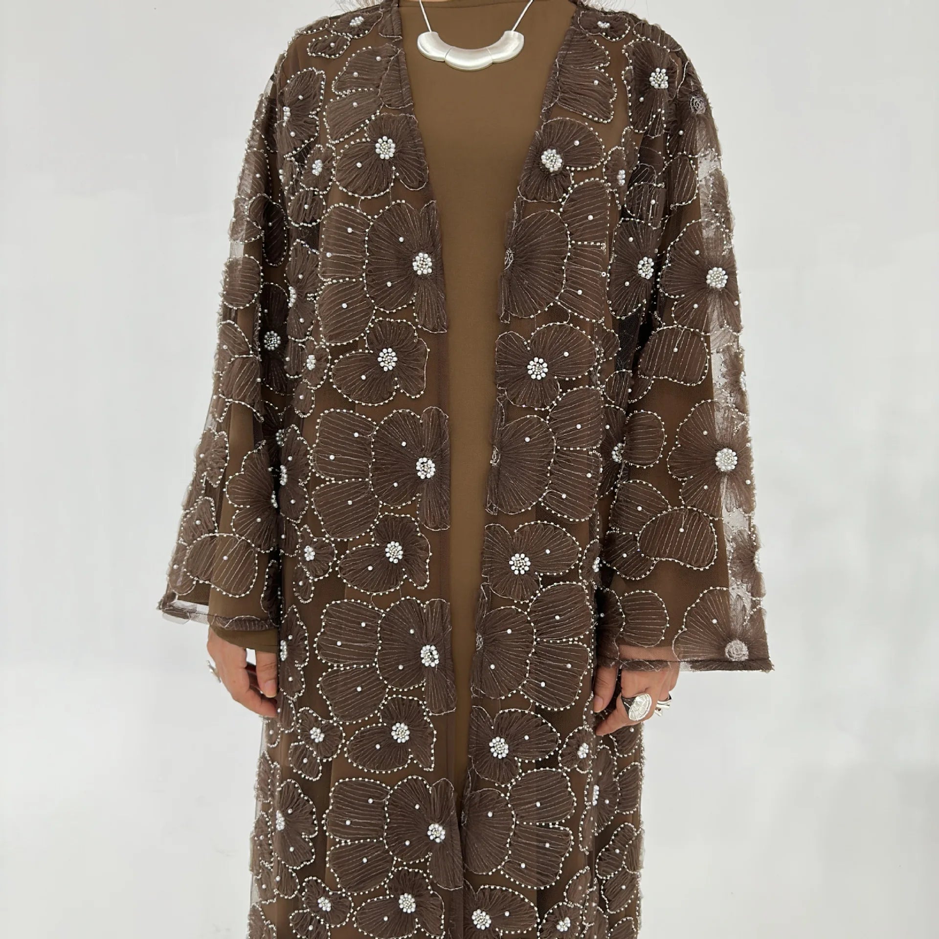 Beading Flower Cardigan Abaya Dress