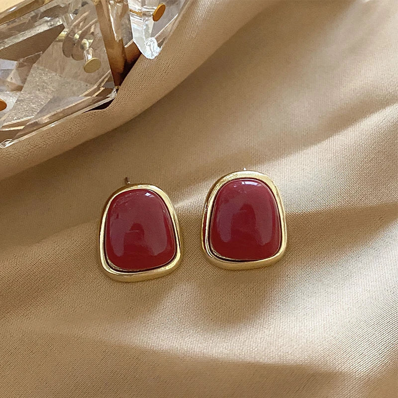 Wine Red Pearl Flower Stud Earrings